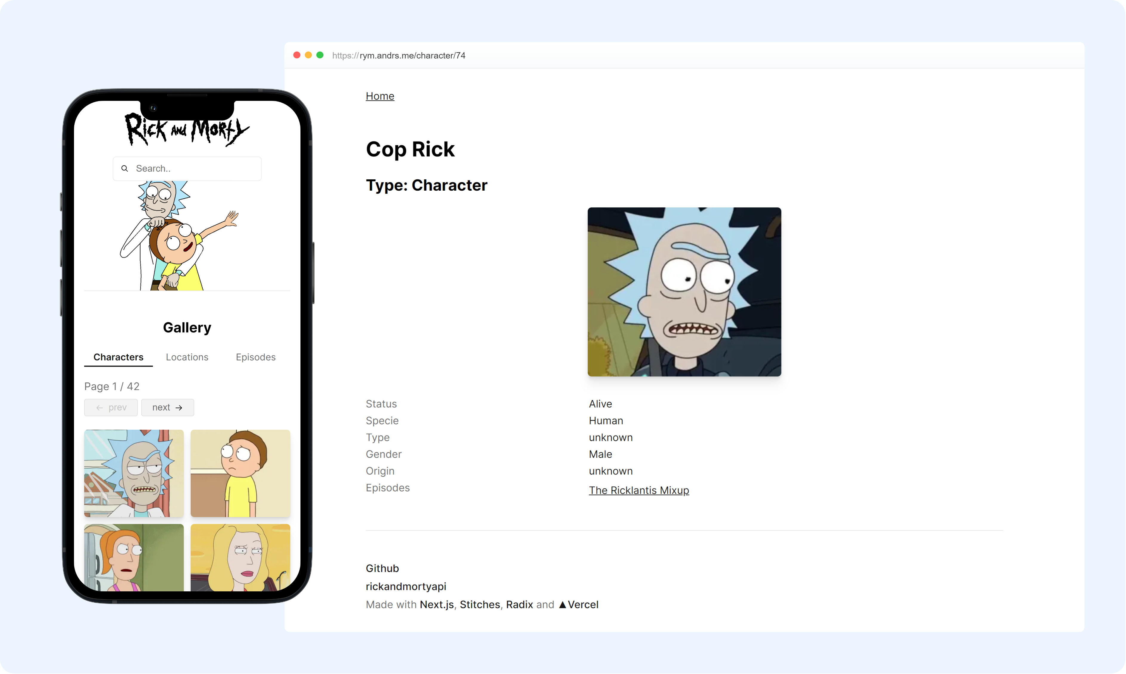 /project/rickandmorty website preview on iPhone and Safari